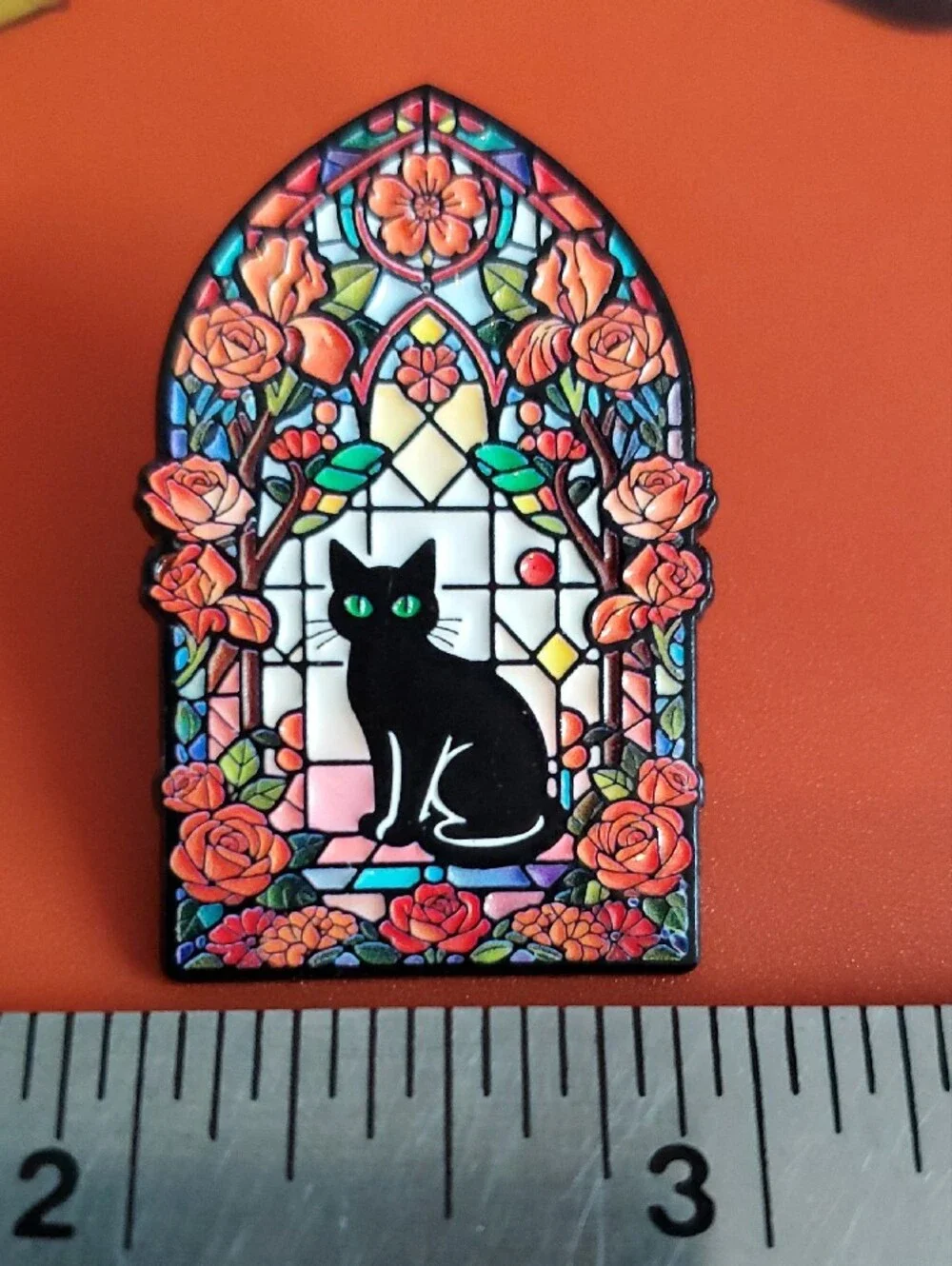 Stained Glass Cat Enamel Pin - Black Cat with Green Eyes
